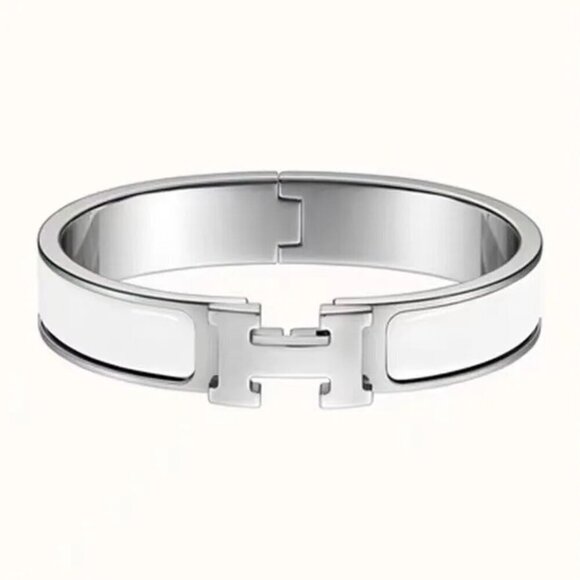 Silvertone Stainless Steel Luxury H Design Bangle, Clic Style, White